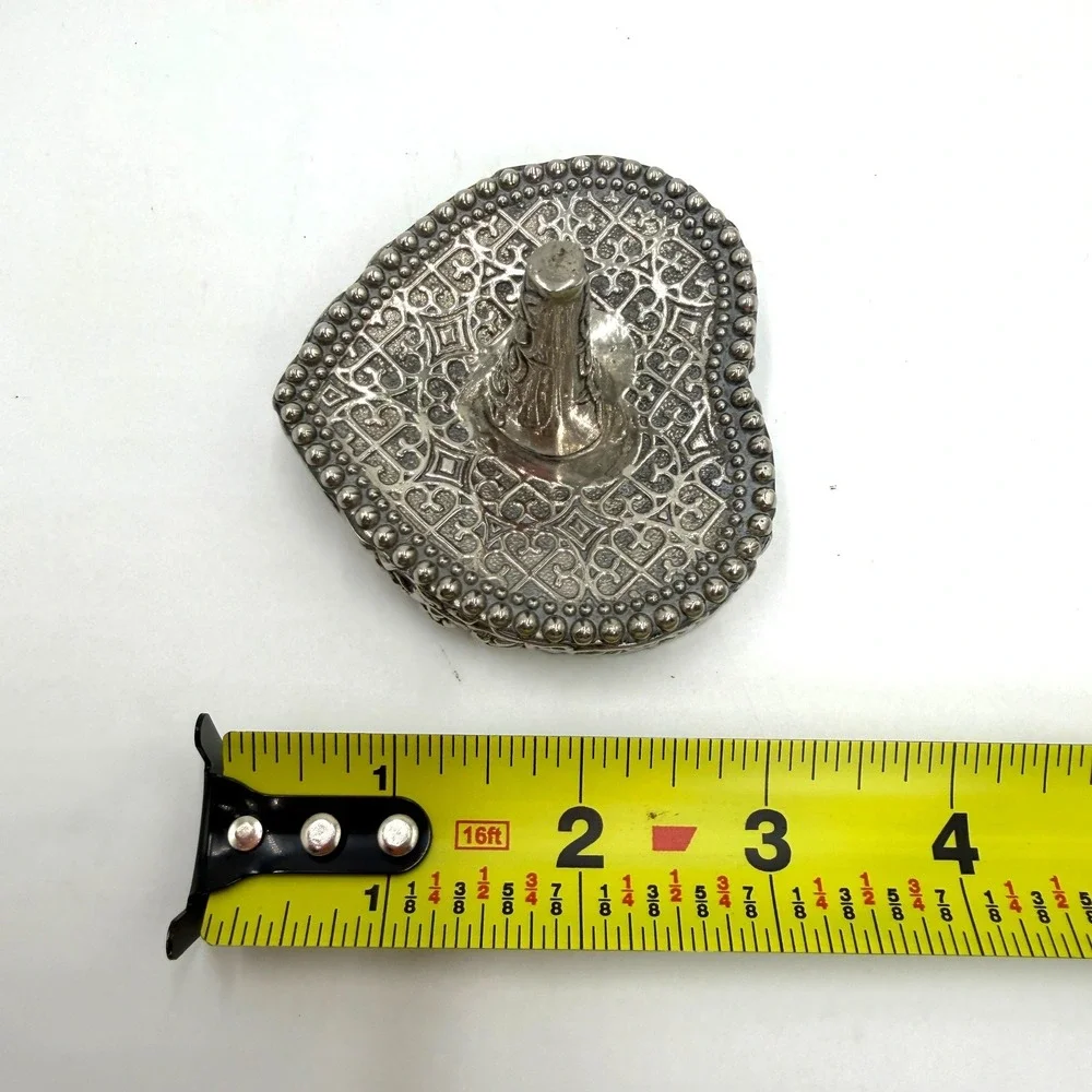Vintage Ornate Silver Heart Ring Holder Filigree Beaded Jewelry Dish Vanity Tray